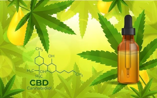 CBD oil and leaves background